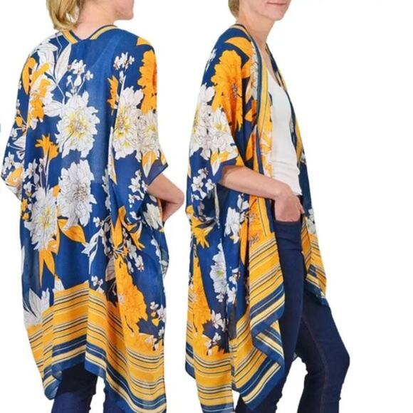 Save The Ocean Women’s Woven Kimono Floral Stripe Print Blue Swim Cover Up - Picture 2 of 6